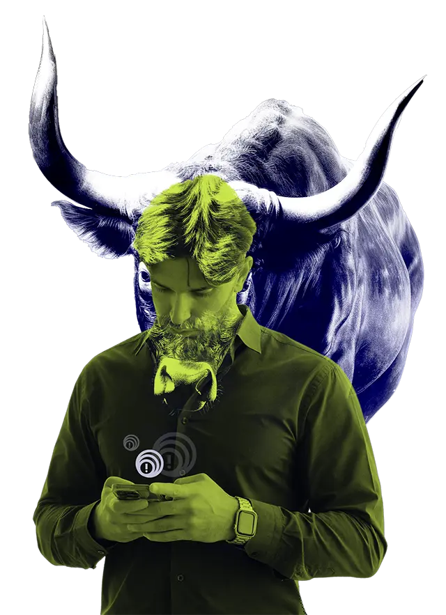 A young man on his phone with a bull spirit animal behind him.